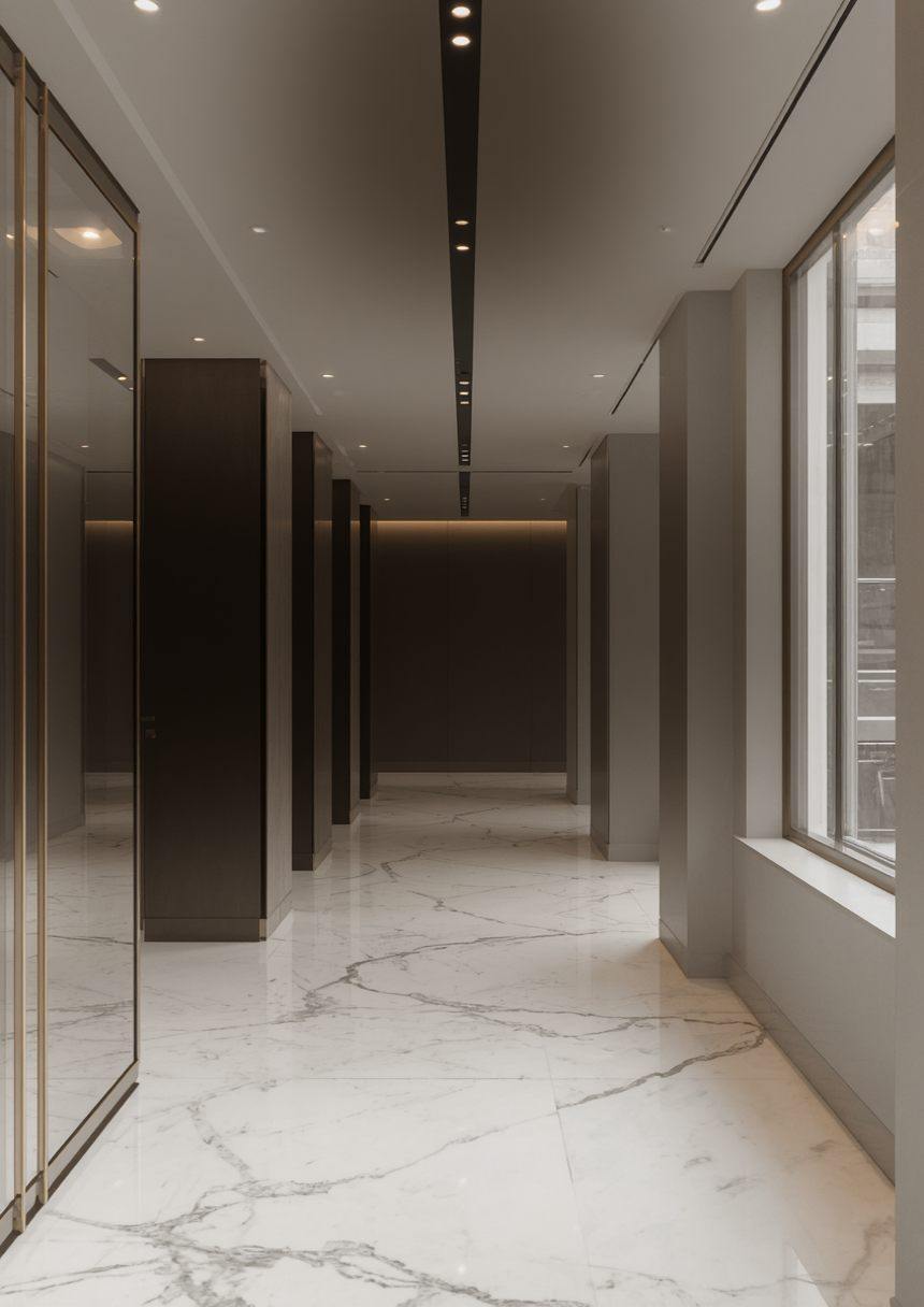 Well-maintained marble corridor in a Dubai commercial building